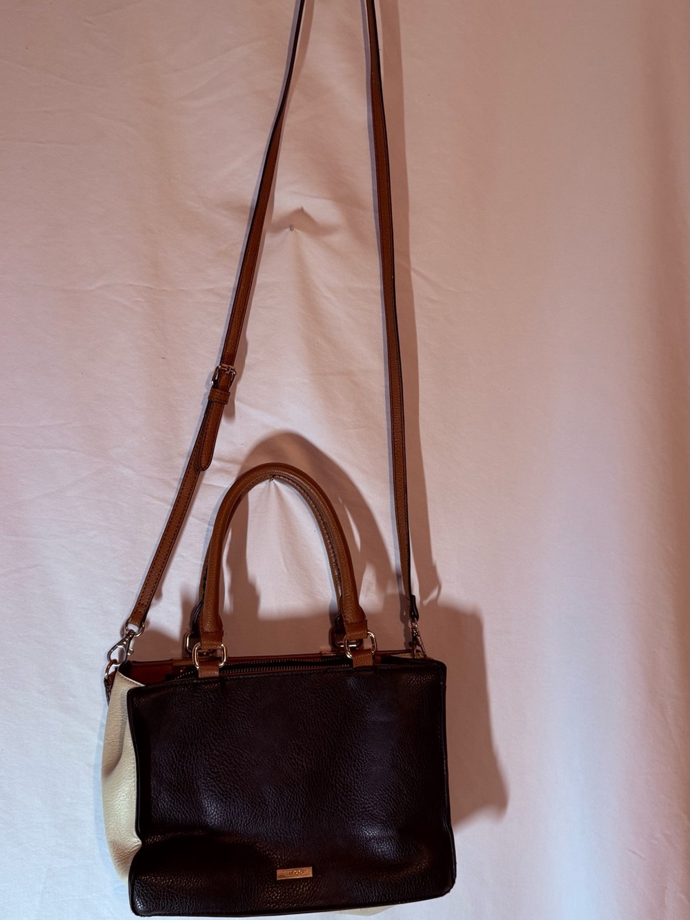 ALDO Colorblock Satchel Crossbody Bag Black Brown Cream Gold Hardware Purse - Picture 4 of 12